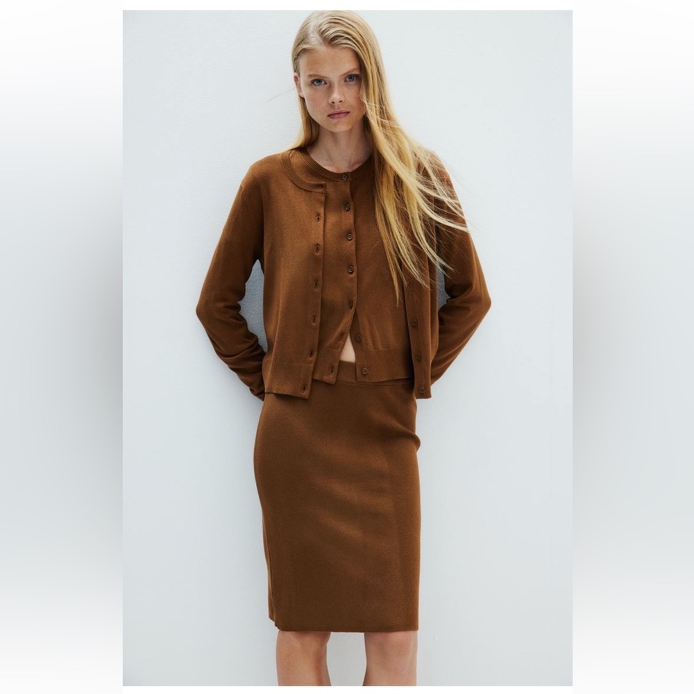H&M Cardigan and Skirt Set Brown Ribbed